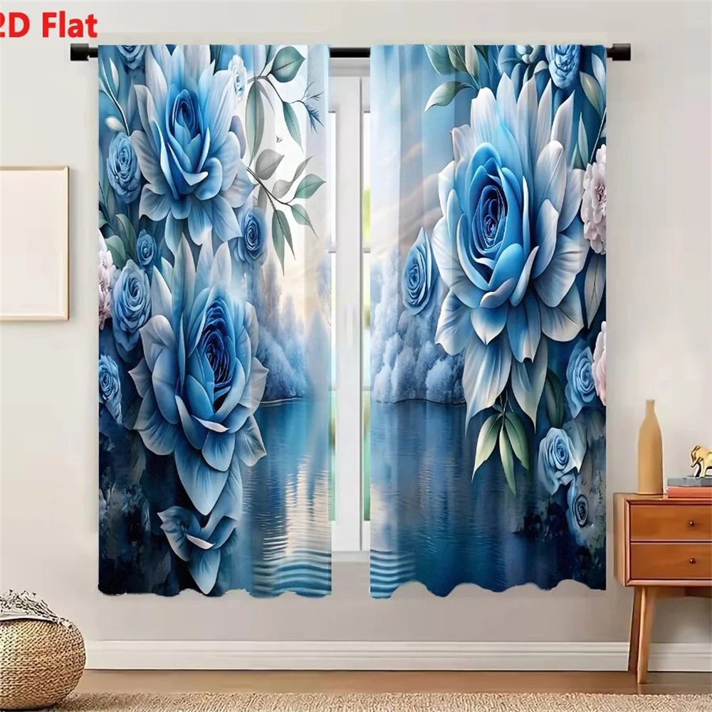 2Pcs Curtains Ethereal Blue Rose Framed Landscape With Misty Forest And Calm Water Window Drapes for Bedroom Room Decor Decorati