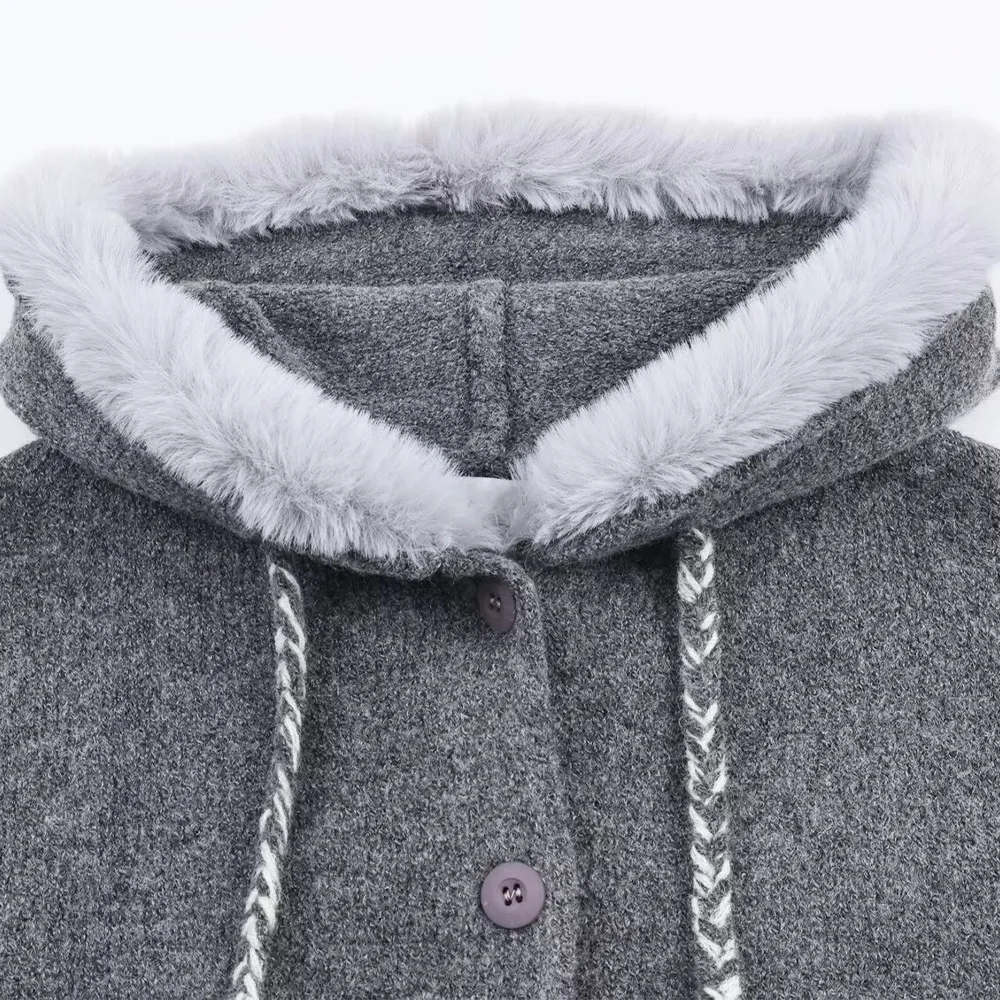 เสื้อแจ็คเก็ตมีฮู้ดแต่งขนสไตล์เกาหลี ฤดูหนาว ใหม่ล่าสุด ทรงหลวม ลดอายุ คาร์ดิแกนถักสุดน่ารัก