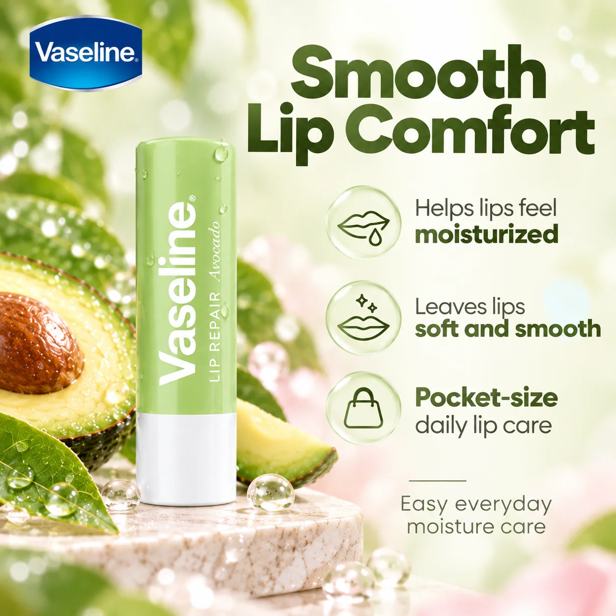 Vaseline Hand & Nail Cream 100ml*2 + Avocado Lip Balm 3.5g*2, 4Pcs Moisture Care Set, Christmas Gift Kit for Hand Nail Lip