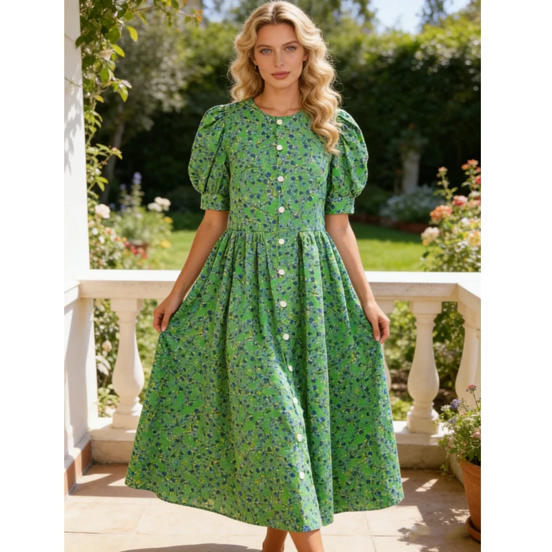 Summer Green Floral Print Short Sleeve Women Dress Fashion Casual Loose Elegant Puff Sleeve Long Dresses