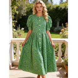 Summer Green Floral Print Short Sleeve Women Dress Fashion Casual Loose Elegant Puff Sleeve Long Dresses