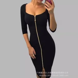Women Slim High Waist Solid Color Sexy Dress Square Neck Half Sleeve Full Front Zip Split Slim Fit Bodycon Dress