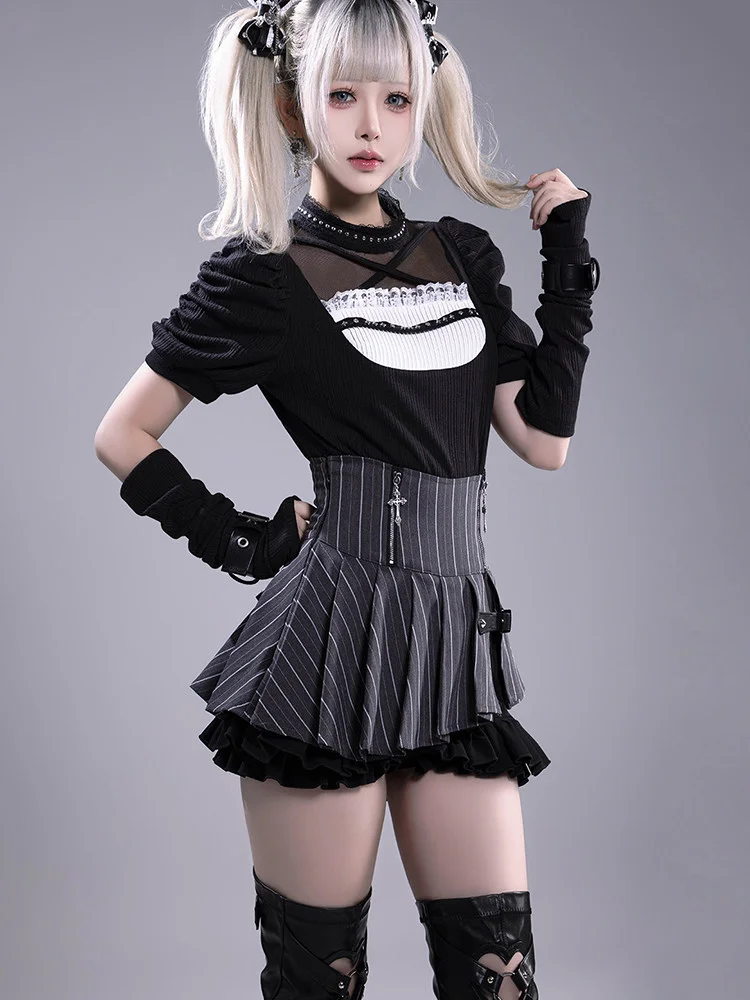 

Summer Japanese Vintage Y2K 2 Piece Set Women Sweet Elegant Slim Tops Gothic High Waist Stripe Mini Skirt Evening Party Outfits