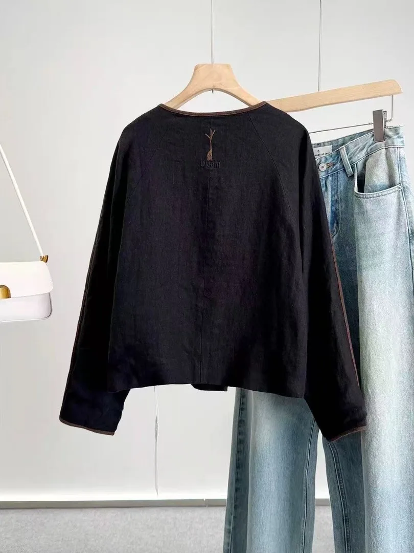 الرجعية المطرزة الكتان ort Jaet المرأة فضفاضة التخسيس تصميم زر واحد القطن الكتان أعلى الخريف جديد Sle تخفيف Sle #2