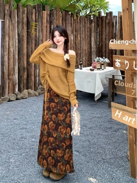 

Вязаный свитер с высокой талией и юбкой-миди больших размеров, женский модный осенний новый свитер в американском ретро-стиле с одним открытым плечом и длинными рукавами