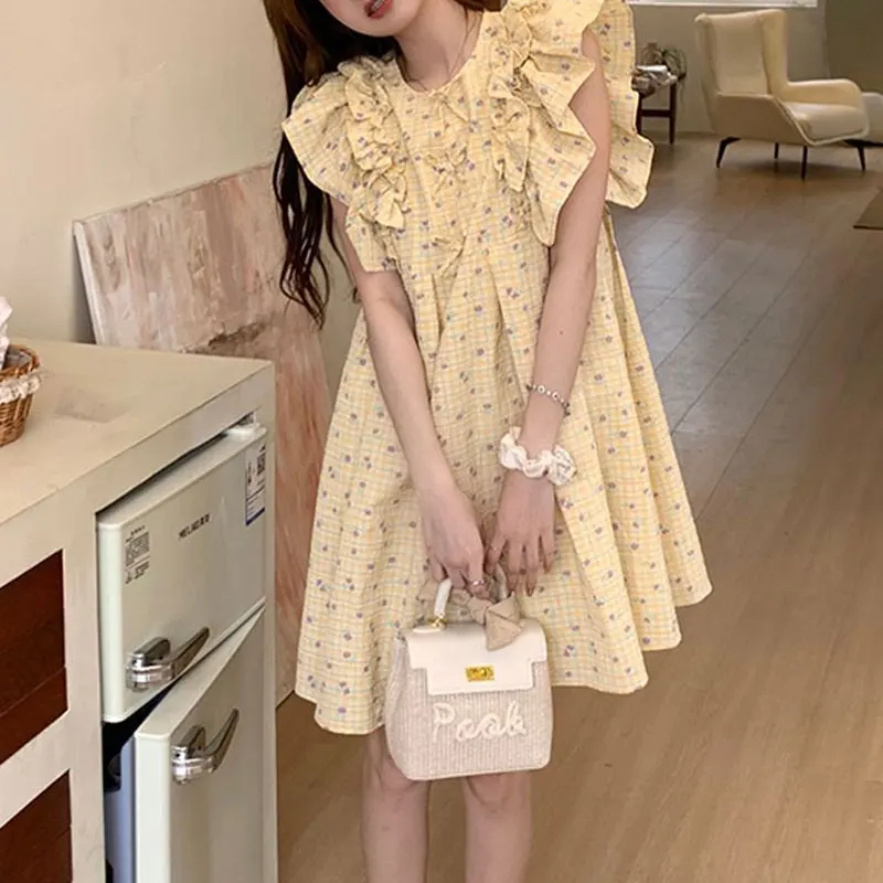 Fashion Ruffles Flying Sleeve Midi Dress Female Clothing Korean Broken Flowers Summer New Spliced Sweet Bow Loose A-Line Dresses