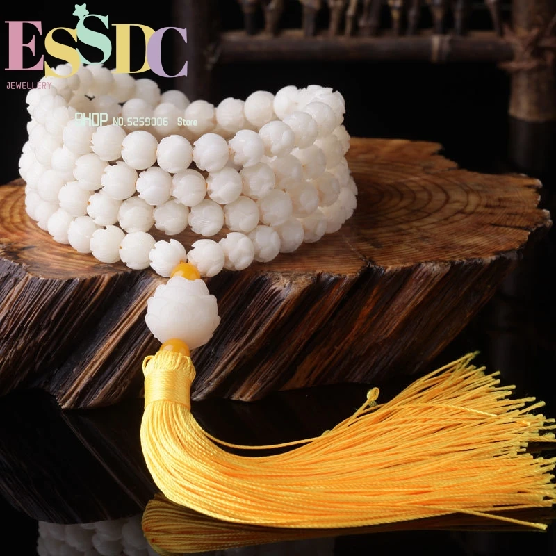 Natural White Root  108 Bracelet Hand-carved Lotus Bodhi Men And Women Beads Rosary Tassel Style