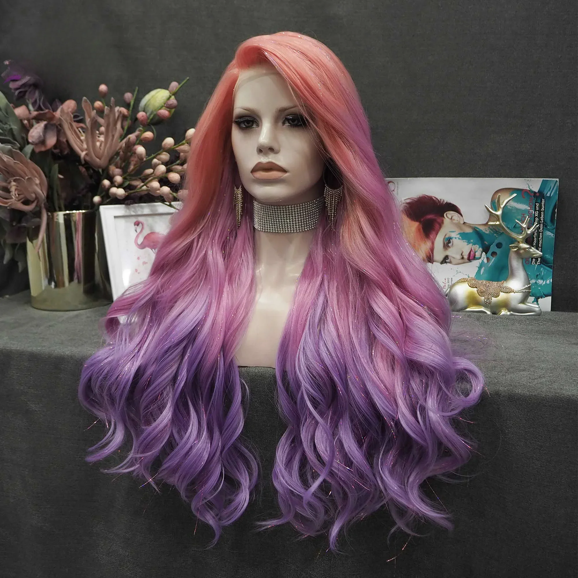 Celebrity Luxury Tinsel Ombre Pink Purple Fiber Wigs Body Wave High Temperature Fiber Synthetic Wigs