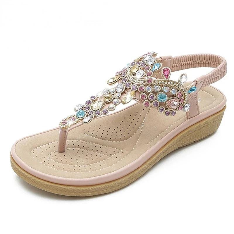 Summer New Round Toe Women\'s Flip Flops Fashion Personality Rhinestone Ladies Sandals Roman Crystal Platform Elastic Band Casual