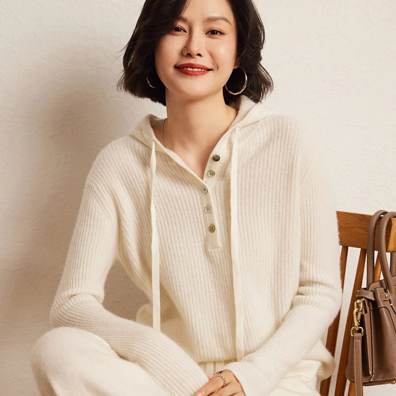 Autumn Winter Luxury Women's 100% Cashmere Hooded Sweater Soft Warm Pullover Popular Hoodie Jumpers Casual Female Knitwear Tops