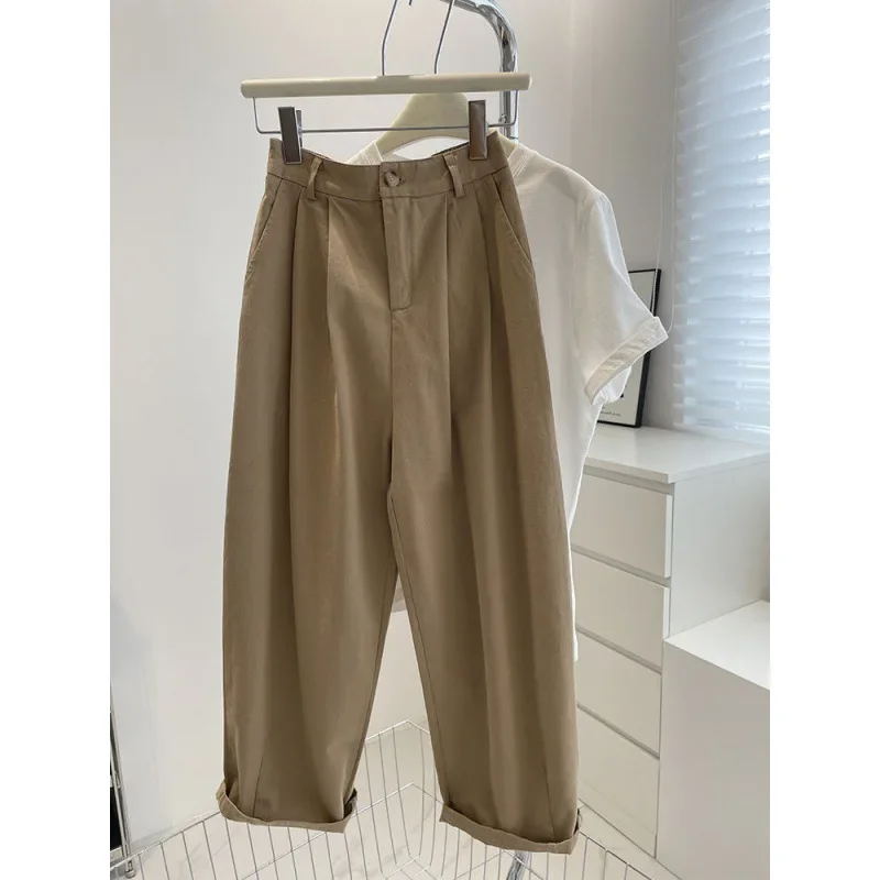 Korean Style Bell Bottoms Spring Versatile Half Elastic Waist Slimming Kaki Petite Straight Leg Casual Pants For Women