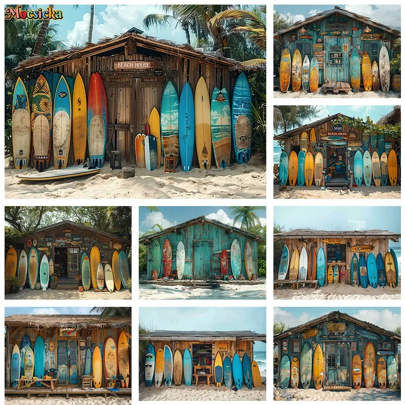 Mocsicka Summer Photography Backdrop Happy Birthday Party Log Cabin Surfboard Background Kids Portrait Studio Props Photo Banner