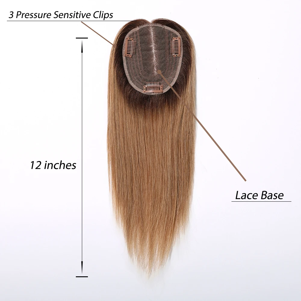 Topper de Cabelo Humano 100% Remy Ombre Castanho de 12 Polegadas com Base de Renda 4x5 Polegadas para Mulheres com Cabelo Ralo e Parte Central