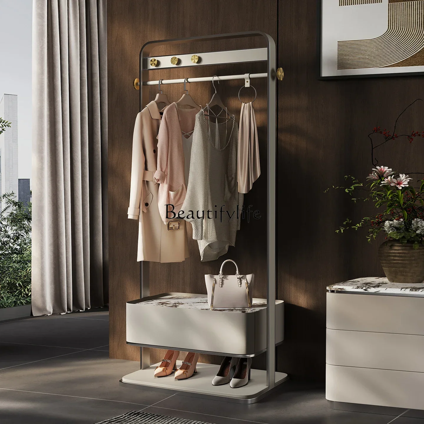 02  Italian Minimalist Style Clothes Rack Marble Floor-standing Light Luxury High-end Sense Storage Clothes Rack