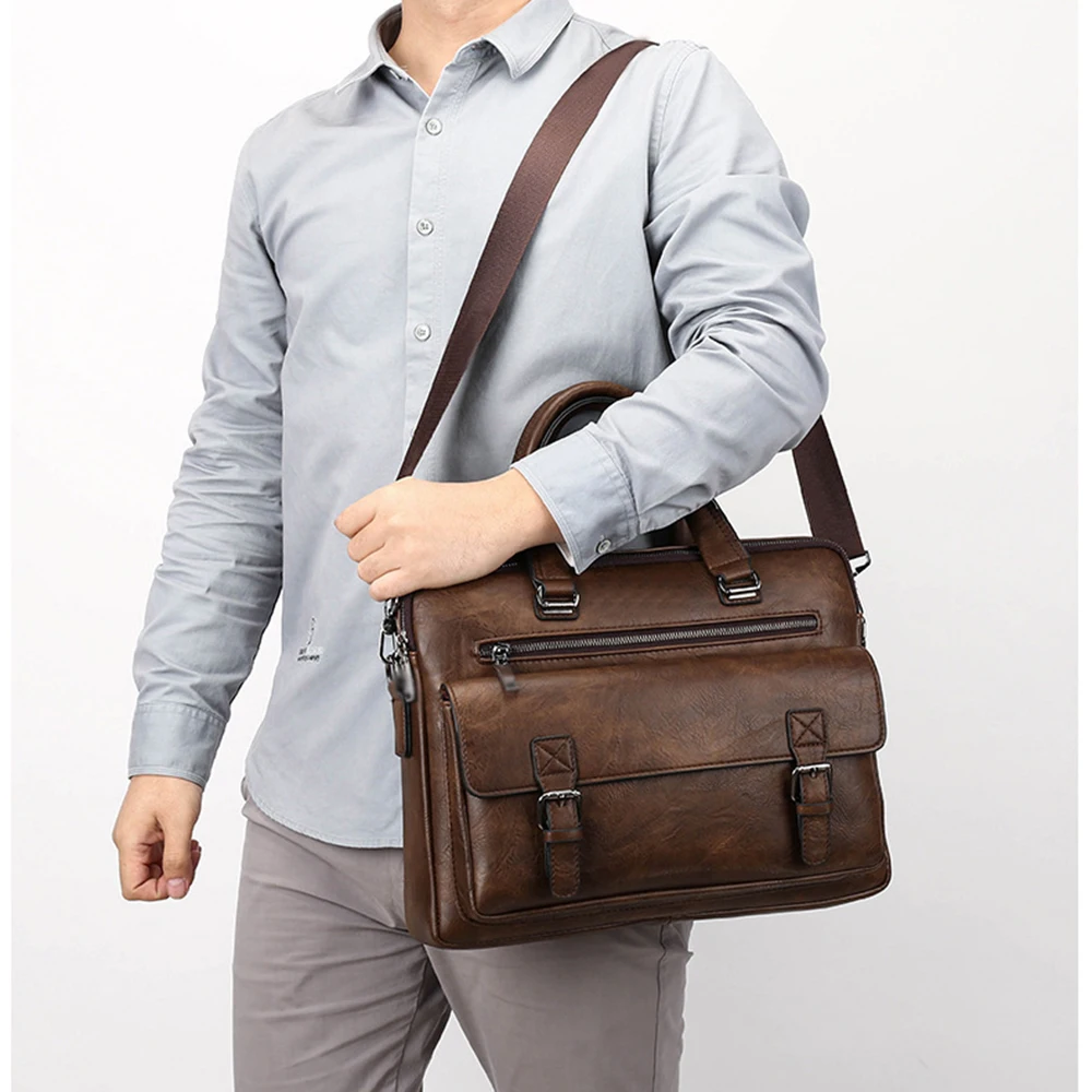 Maleta de couro genuíno masculina, sacos do mensageiro do ombro, bolsa do escritório do negócio, 14 "saco do portátil