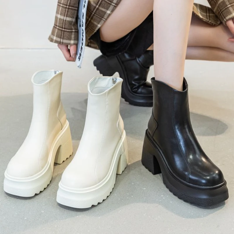 Fujin 10cm Cow Natural Genuine Leather Women Boots Ankle Booties High Top Zipper Autumn Chunky Heels Platform Wedge Ladies Shoes image 4