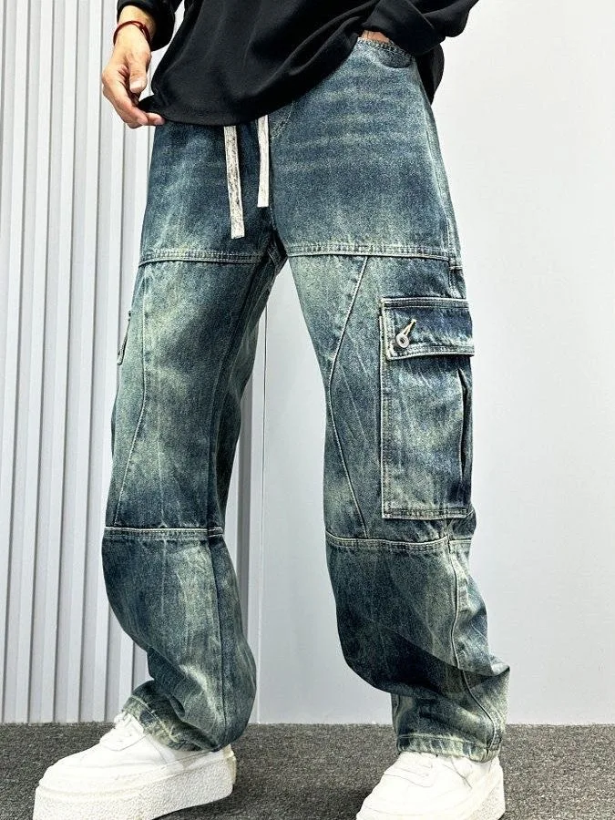 American High Street Style Vintage round Moon Knife Jeans Men's New Fashion Loose Straight Multi-Pocket Workwear Pants