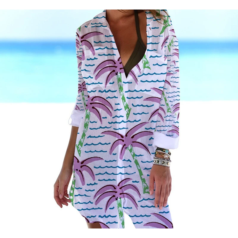 Hawaiian Coconut Tree 3D Print Beach Blouses Summer Women Long Sleeve Mid-length Shirts Buttons Blusas Woman Pocket Tops Blouse