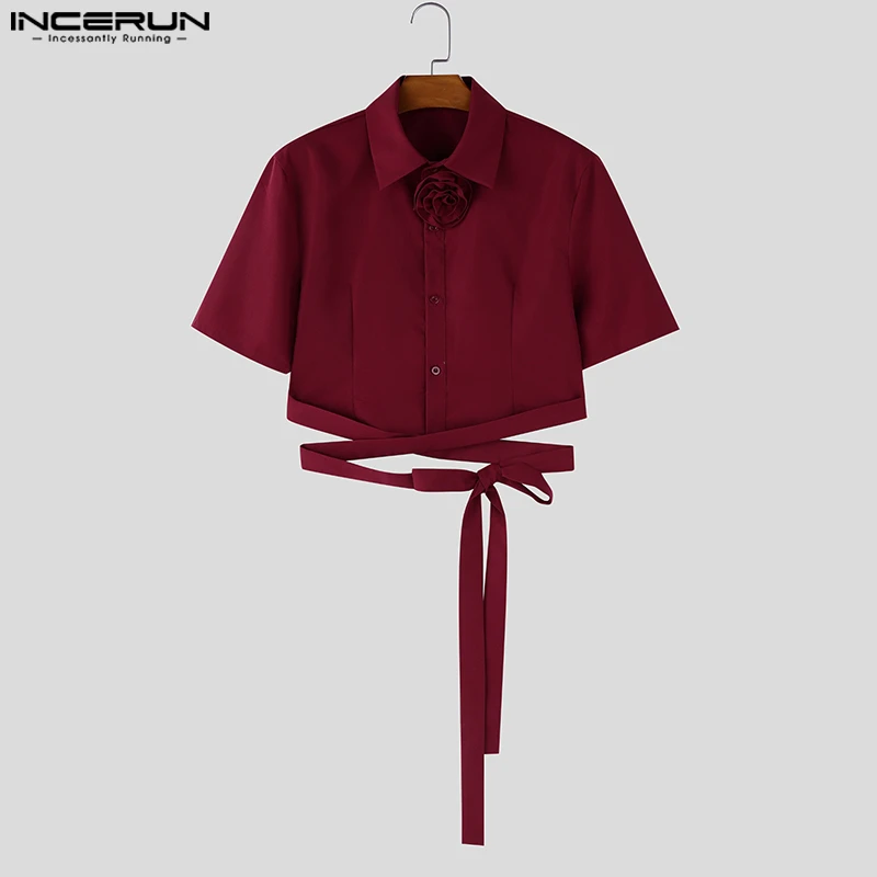 INCERUN Men's Shirt Solid Lapel Short Sleeve Flower Menswear Clothing Summer 2026 Lace Up Streetwear Fashion Crop Tops For Man