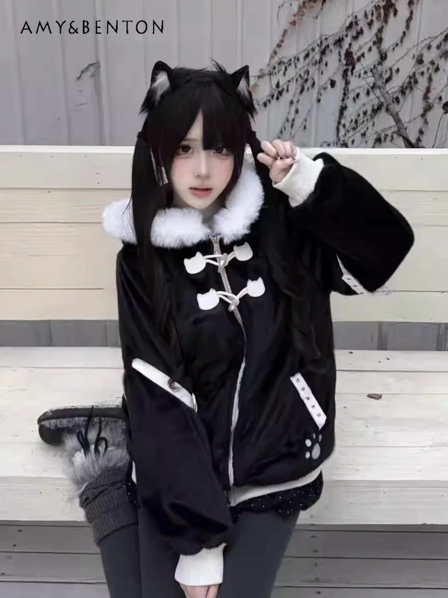

Original Japanese Kawaii Cartoon Print Cat Ear Hooded Plush Jacket Anime Girl Embroidered Leather Buckle Thickened Jacket Women