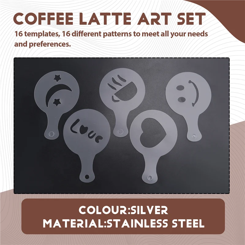 AD23-كاكاو شاكر، مسحوق القهوة شاكر 16 قطعة استنسل كابتشينو القهوة وقلم باريستا لبودرة الكابتشينو والسكر لاتيه، إلخ