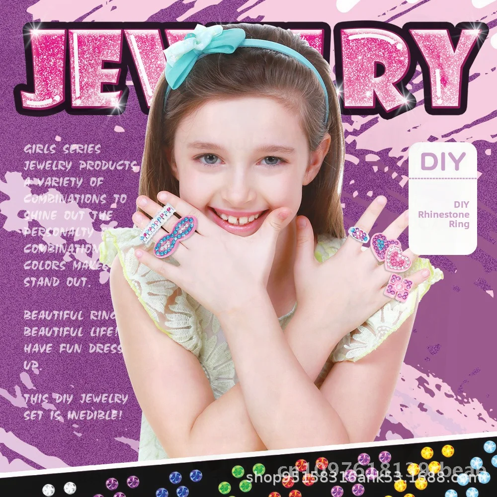 DIY Rhinestone Ring Jewelry Set for Girls Princess Dress-Up Toy Parent-Child Play House Accessory Beauty Makeup Toy for Kids