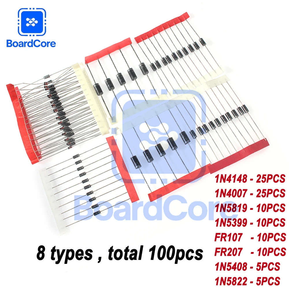 100pcs 8 values Diode kit Fast Switching Rectifier 1N4148 1N4007 1N5819 1N5399 1N5408 1N5822 FR107 FR207 Diode set