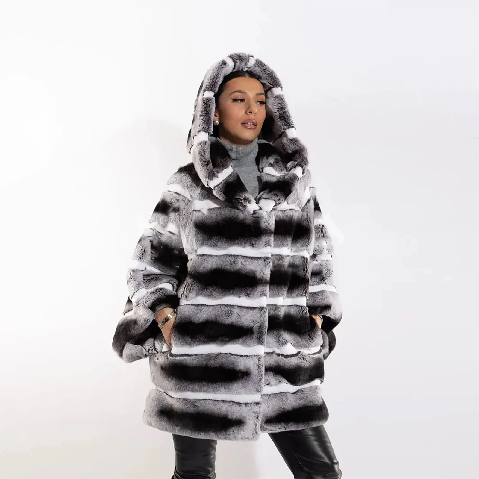 Mid-length Women Natural Rex Rabbit Fur Coat with Hood Winter New Thick Warm Overcoats Rex Rabbit Fur Chinchilla Color Outwear