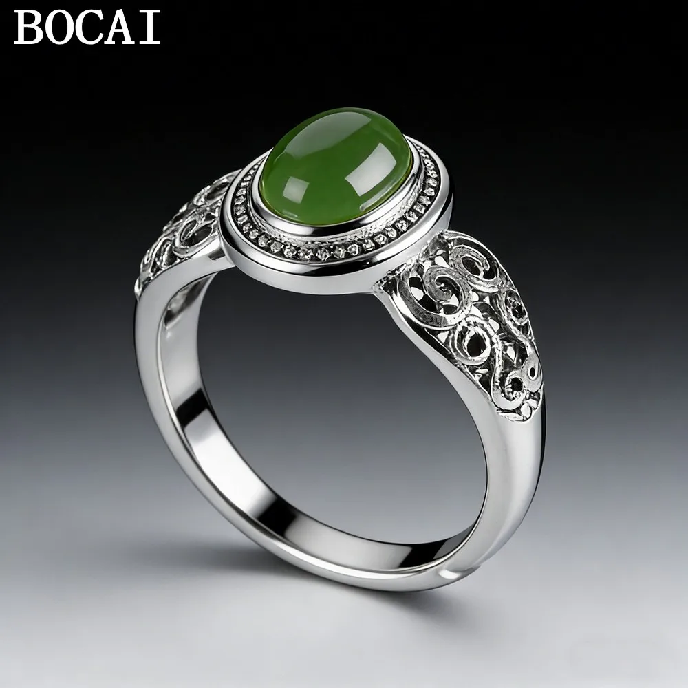 

Кольцо из стерлингового серебра S925 в ретро-стиле с инкрустацией хотанским нефритом, узором «Благоприятные облака» и павлиньим узором, регулируемое, подарок для женщины