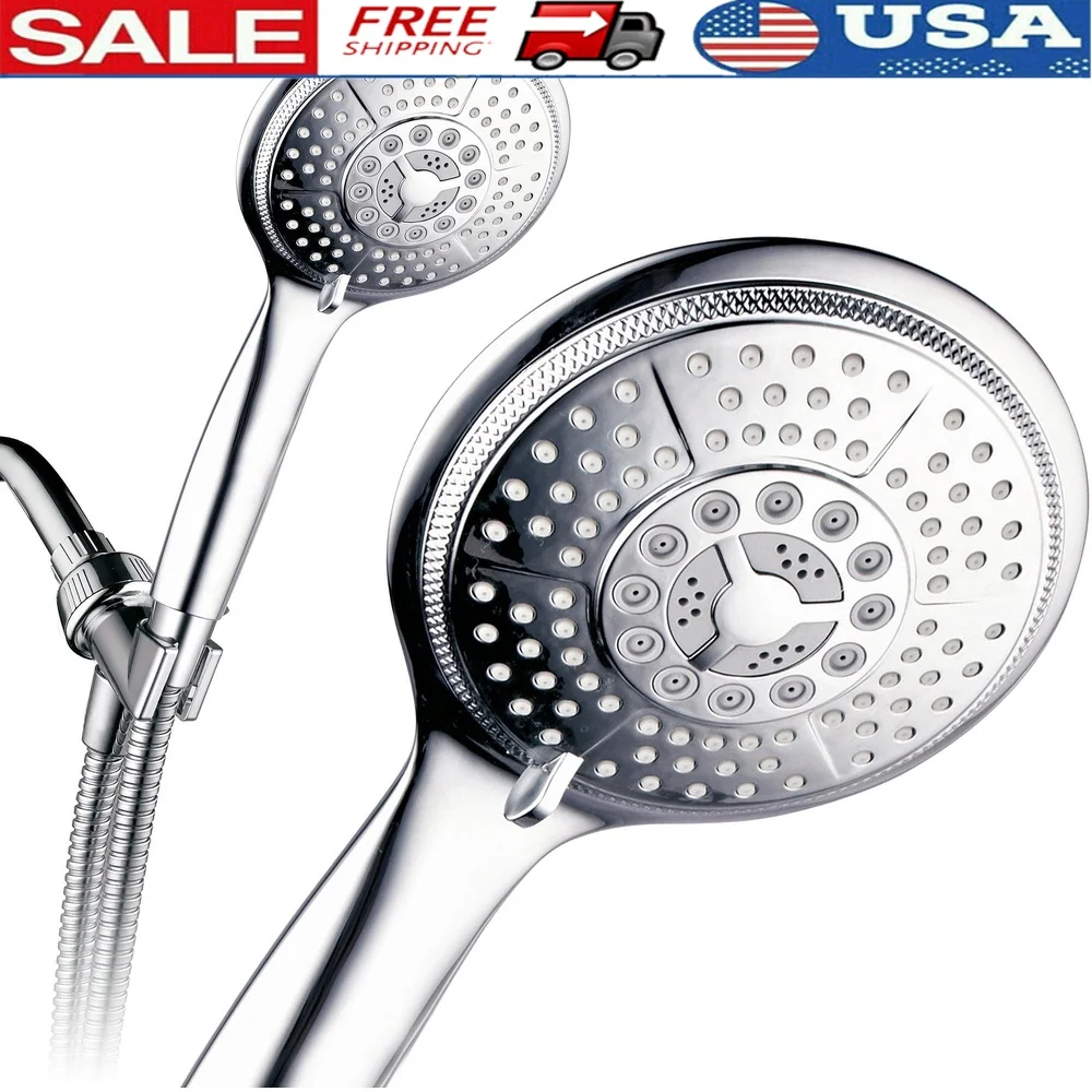 

Extra Large 5 Inch 7 Setting Luxury Rainfall Hand Shower Chrome EcoSmart Rub Clean Jets Tool Free Installation