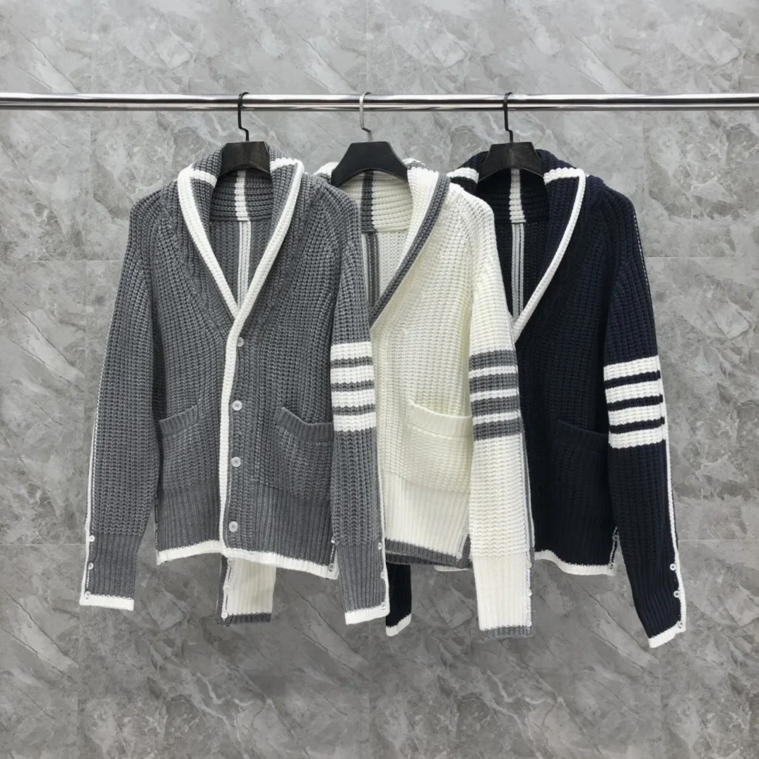 TB Autumn Winter New Knitted Cardigan Sweater Men Women's Same Style Casual Versatile Border Thick Needle Yarn Shirt Jacket Tren