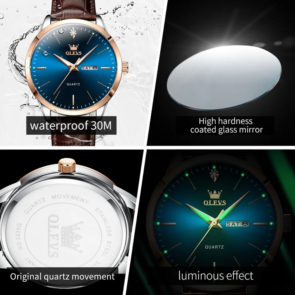 OLEVS 2935メンズ腕時計、オリジナルファッションクォーツ時計、防水レザーストラップ、カレンダー、デイリー自動日付、メンズギフト