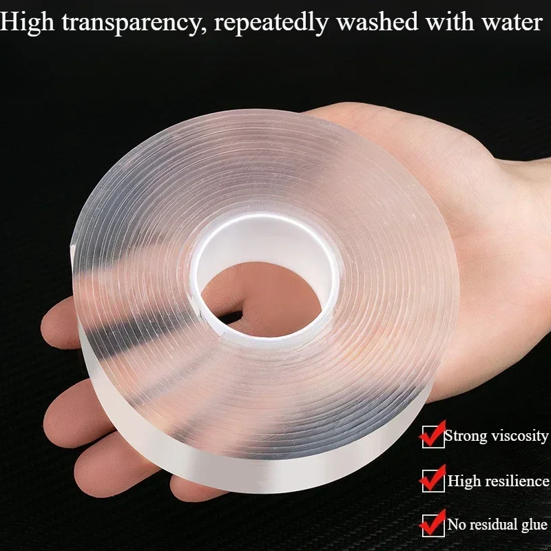 1PC New Nano Tracsless Double Sided Tape 2cm*1m  Transparent Reusable Lasting Waterproof Resistant Heat Adhesive Cleanable Car