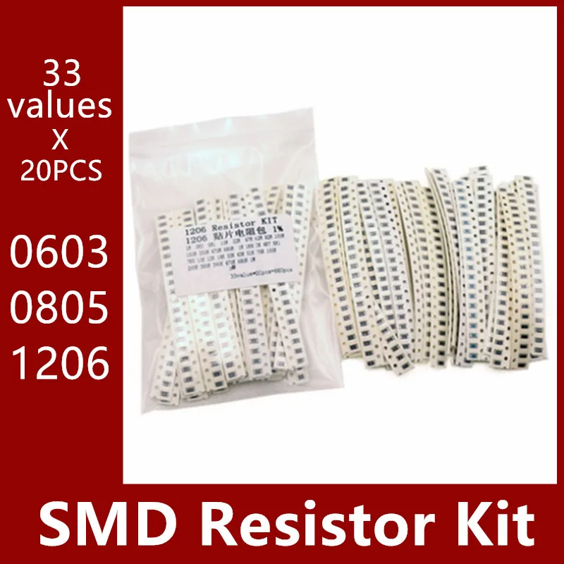 Комплект SMD резисторов 0603 0805 1206 33 значения X 20 шт. = 660 шт. набор в ассортименте 1R 1ohm-1M ohm 1% набор образцов 1K 10K 100K 200K 680R