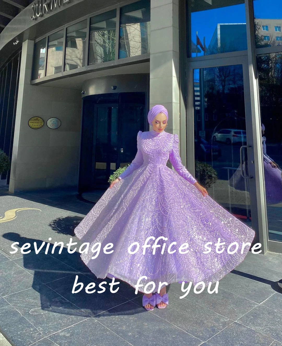 Sevintage Modest Lilac Prom Dresses Sequined Crystal Beading Pearls Long Sleeves High-Neck A-Line Arabic Muslim Evening Gowns