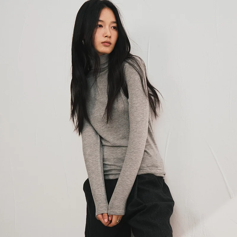 قميص أساسي من الصوف الحريري للنساء تي شيرت للخريف والشتاء من ليوسيل بقصة ضيقة ورقبة عالية