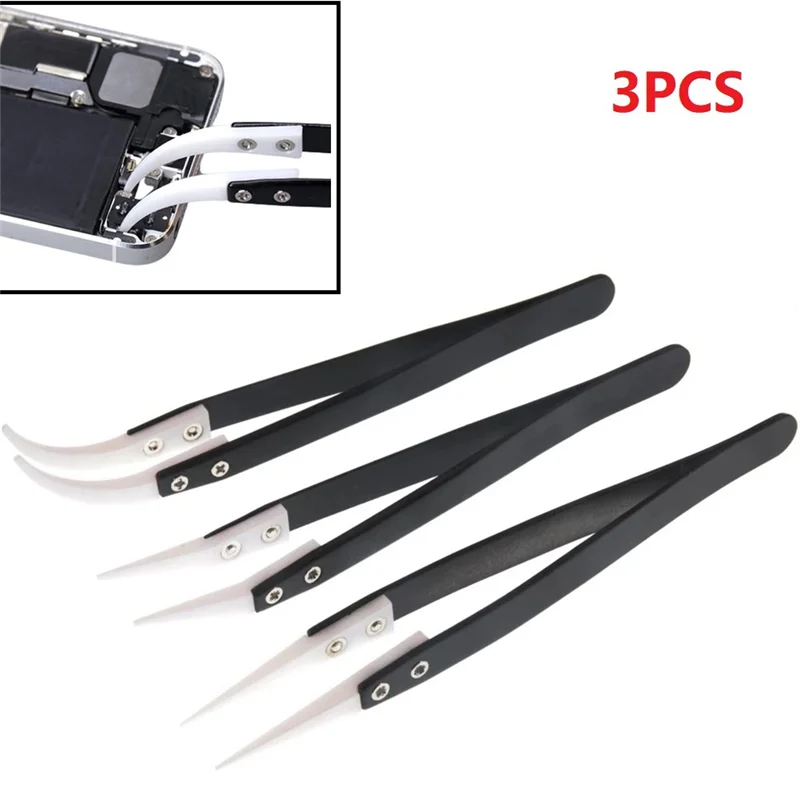 3Pcs Ceramic Tweezers with Black Handle Corrosion-Resistant Insulation Maintenance and Clamping Tools