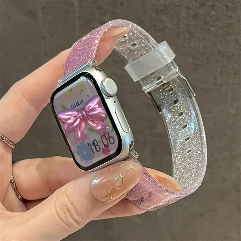 Glitter Clear Strap For Apple Watch Band 45mm 41 42 46 38 49 44 40mm Silicone Bracelet iWatch Series 12 11 10 9 8 7 SE 6 5 4 3