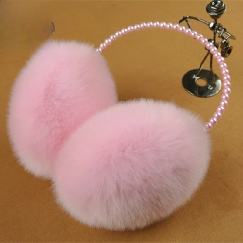 Pearl Faux Rabbit Fur Earmuffs Women Winter Plush Fluffy Ear Warmers Cute Ear Covers Headband
