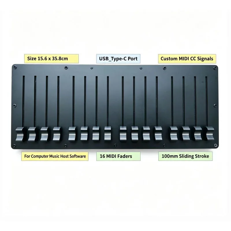 16-Channel 100mm Slide Fader USB MIDI CC Controller for DAW Music Software Type-C Interface Plug-and-Play