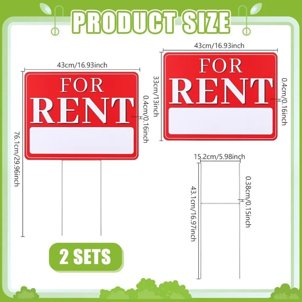 2 Pack For Rent Signs with Stakes 17 x 13 Inches Double Sided Yard Sign Weatherproof Corrugated Plastic For Rent Signs Yard Kit