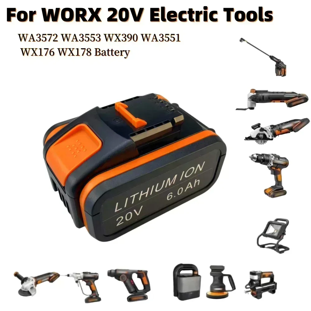 For Worx WA3553 20V 6.0Ah Battery Cordless Power Tool Spare Batteriies WA3572 WA3553 WX390 WA3551 WX176 WX178 Battery