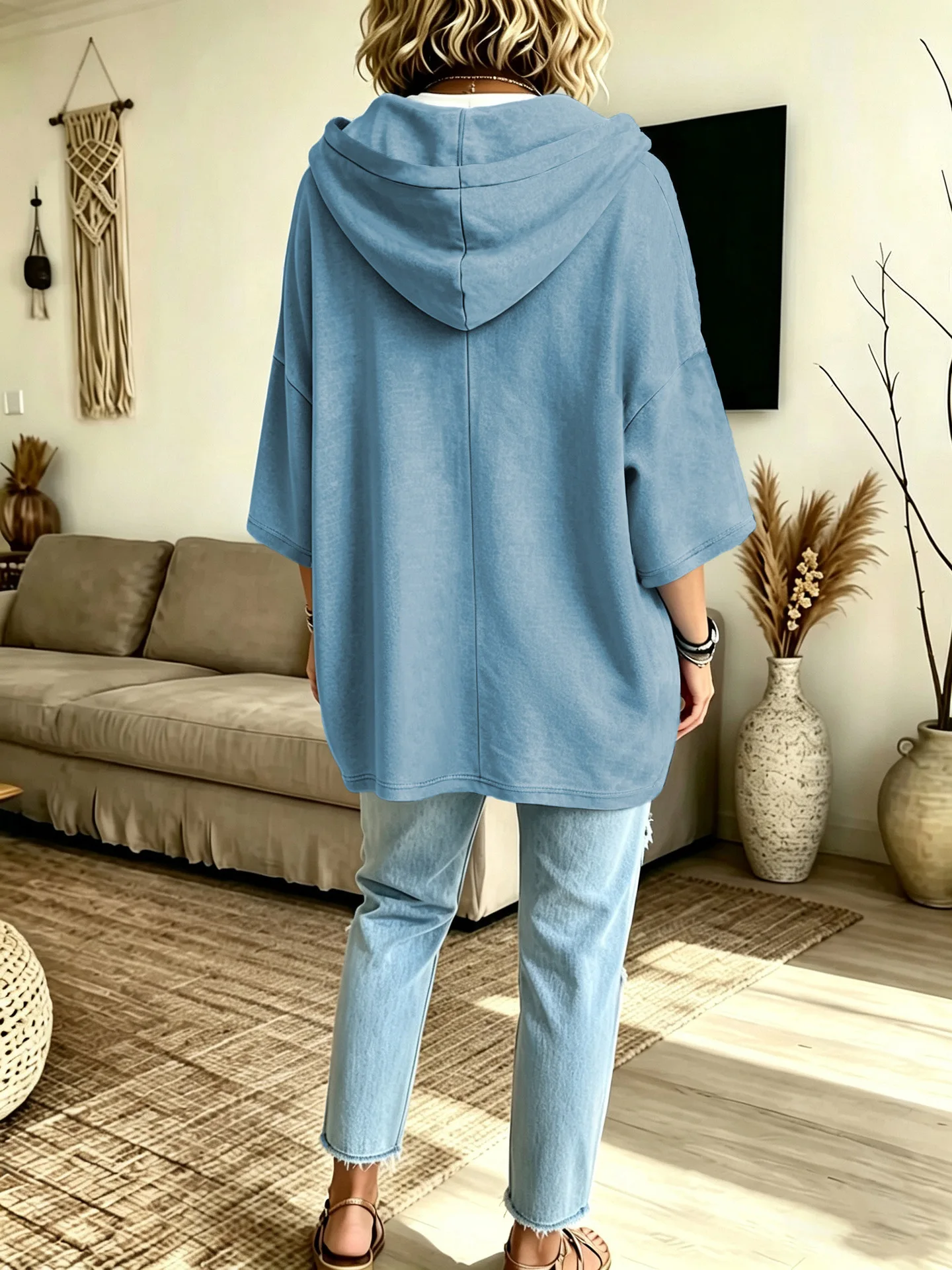 Einfarbiger Damen-Hoodie mit 3/4-Ärmeln, Lässiger Lockerer Pullover für Herbst und Winter – Detail 22