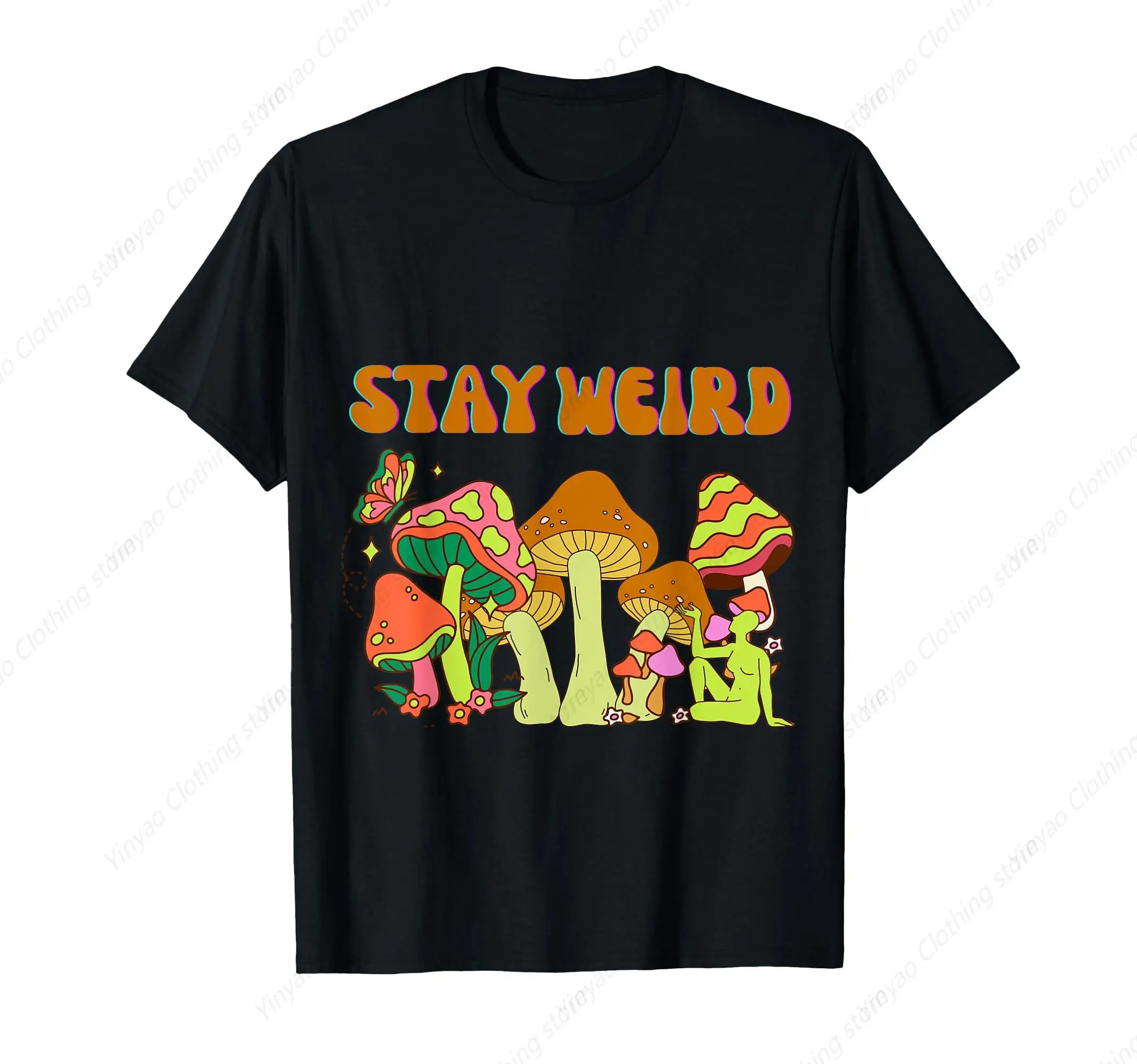 

Psychedelic Magic Mushroom Retro Retro Stay Weird T-Shirt Fashionable Cool Black Men'S Shirt Pure Cotton