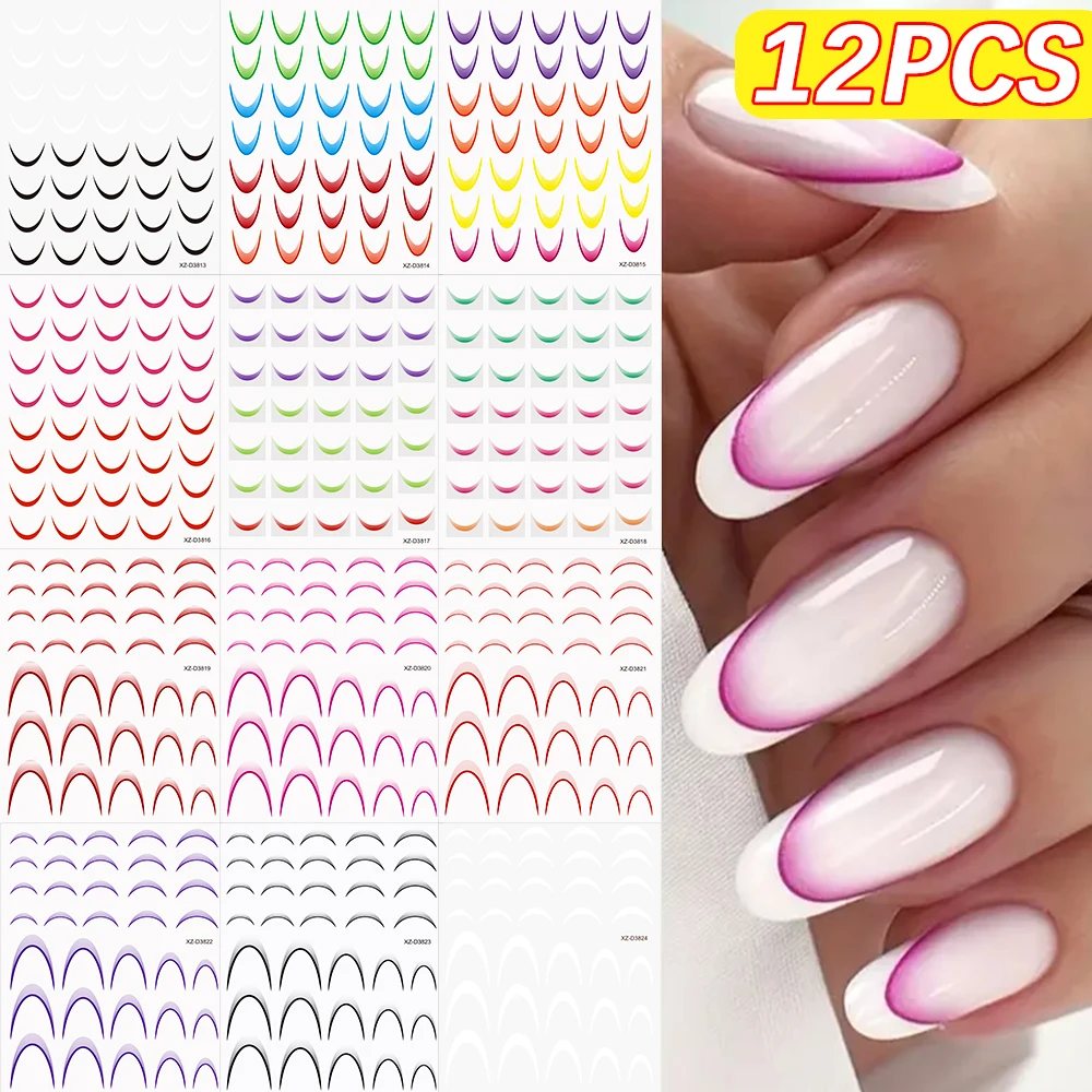 Autocollants pour Nail Art français dégradé, 12 pièces, encre floraison, ligne ondulée, bande, curseur auto-adhésif, décalcomanies ombrées, décoration de manucure, DIY bricolage