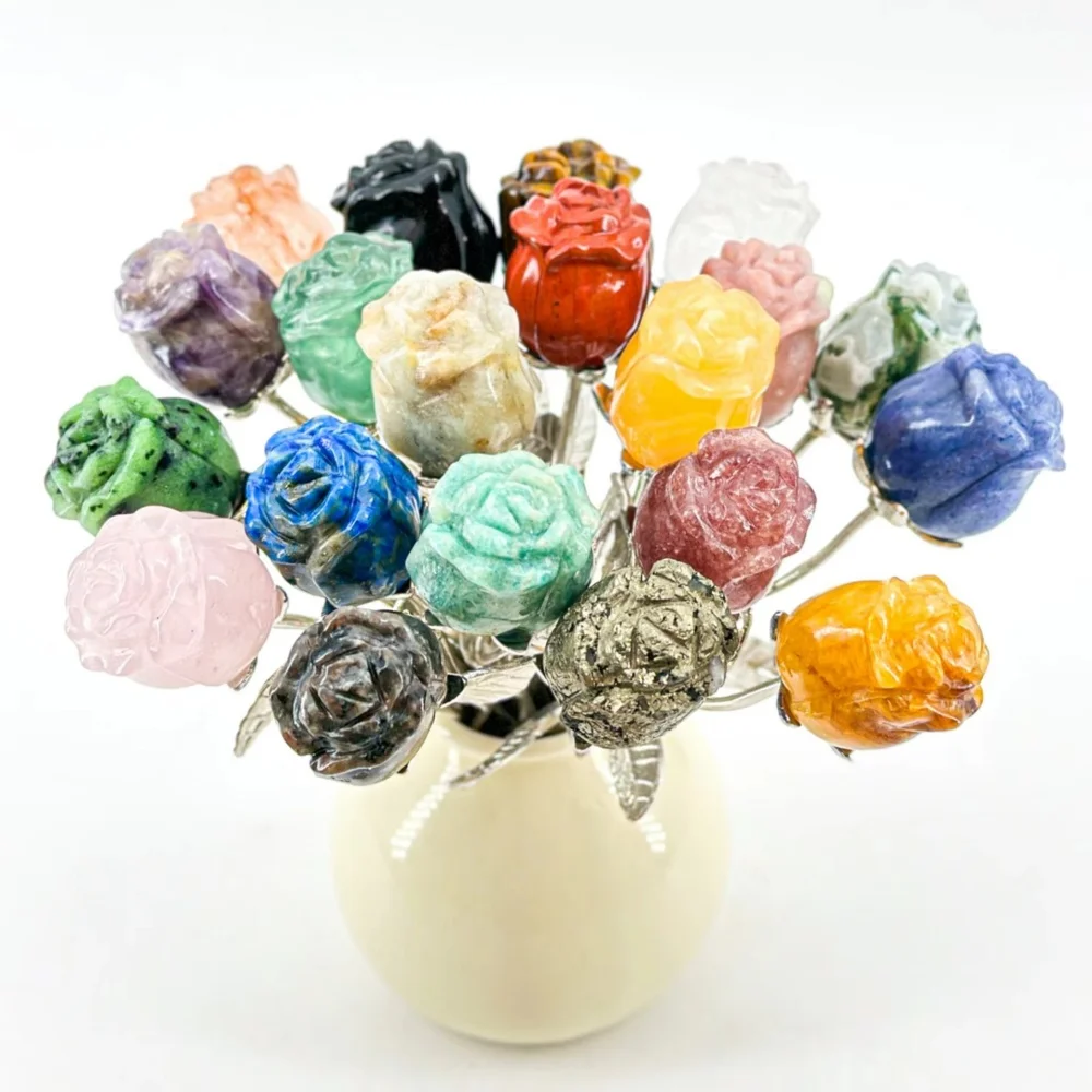 Pure Natural Crystal Carved Rose Flower Crafts Valentine's Day Jewelry Gift Colorful Mixed Rose Vase Decoration