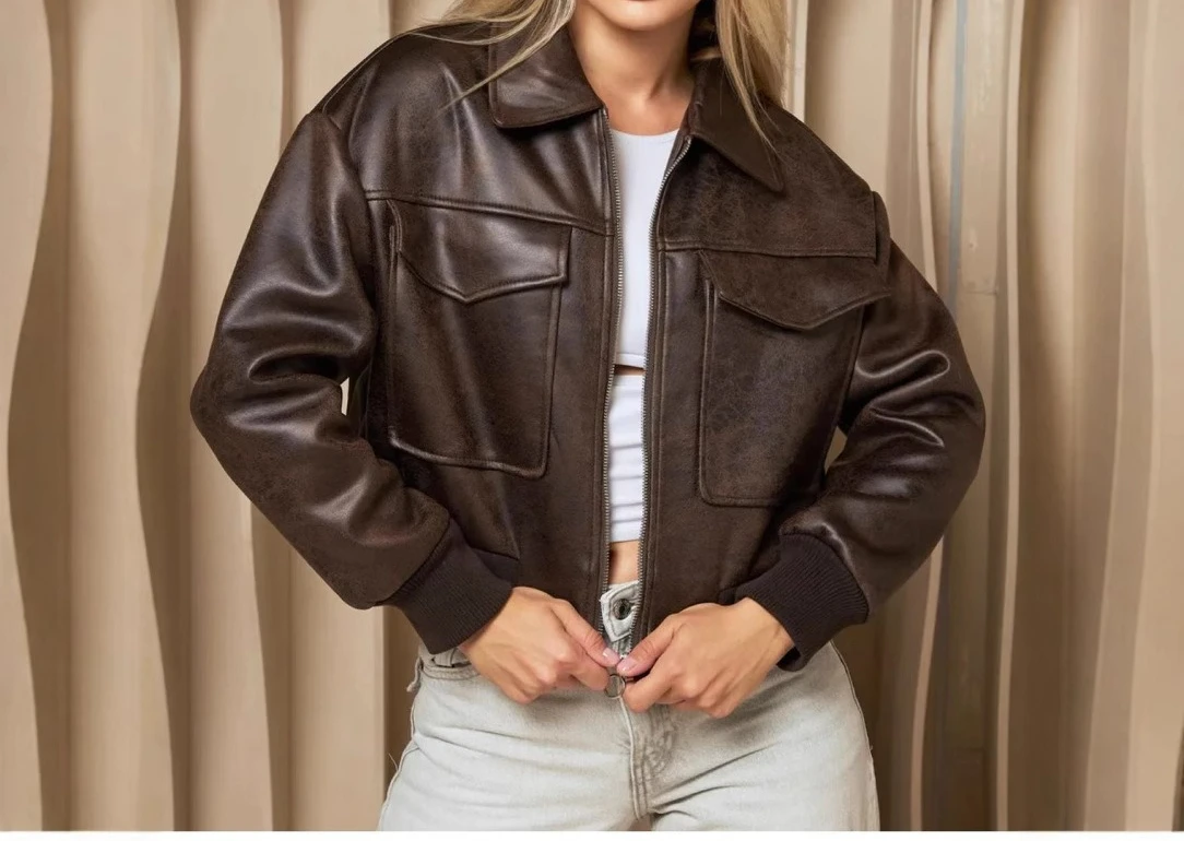 

2025 Women's Autumn Fashion Faux Leather Pilot Zipper Lapel Casual Fashion Versatile Jacket
