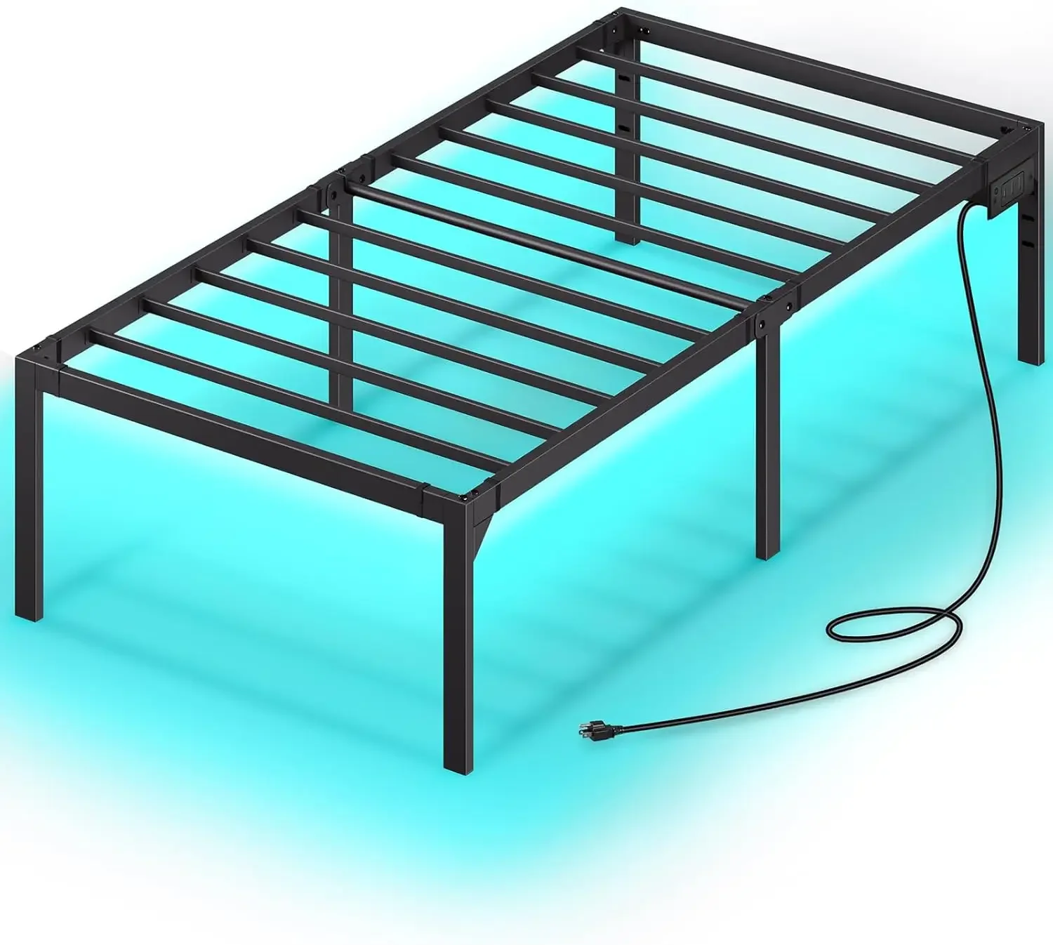 Bed Frame with USB Charging Station, Twin Bed Frame with LED Lights, Platform Bed Frame with Heavy Duty Steel Slats, 1