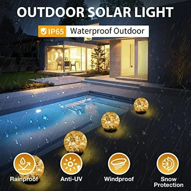 

4Pcs LED Outdoor Solar Globe Light Waterproof Crackle Glass Ball Villa Lawn Garden Backyard Courtyard Landscape Party Decor Lamp