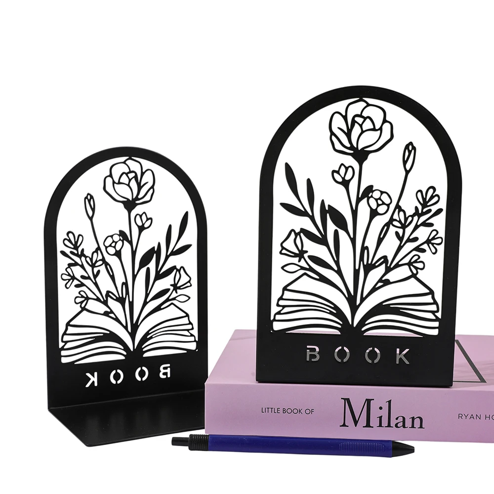 Creative flower and book shelf metal bookshelf, modern decoration heavy-duty study book support plug, black L-shaped suitable